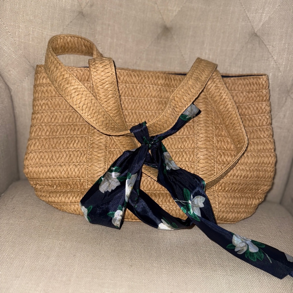Woven Tan Bag with Floral Scarf Accent